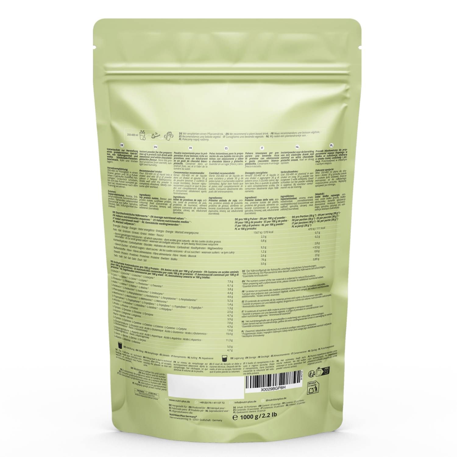 Dos de l'emballage vert 'nutri+ Vegan 3K Protein'. Contient du texte avec informations nutritionnelles, liste d'ingrédients et informations fabricant. Code-barres et poids : 1000 g / 2.2 lb.