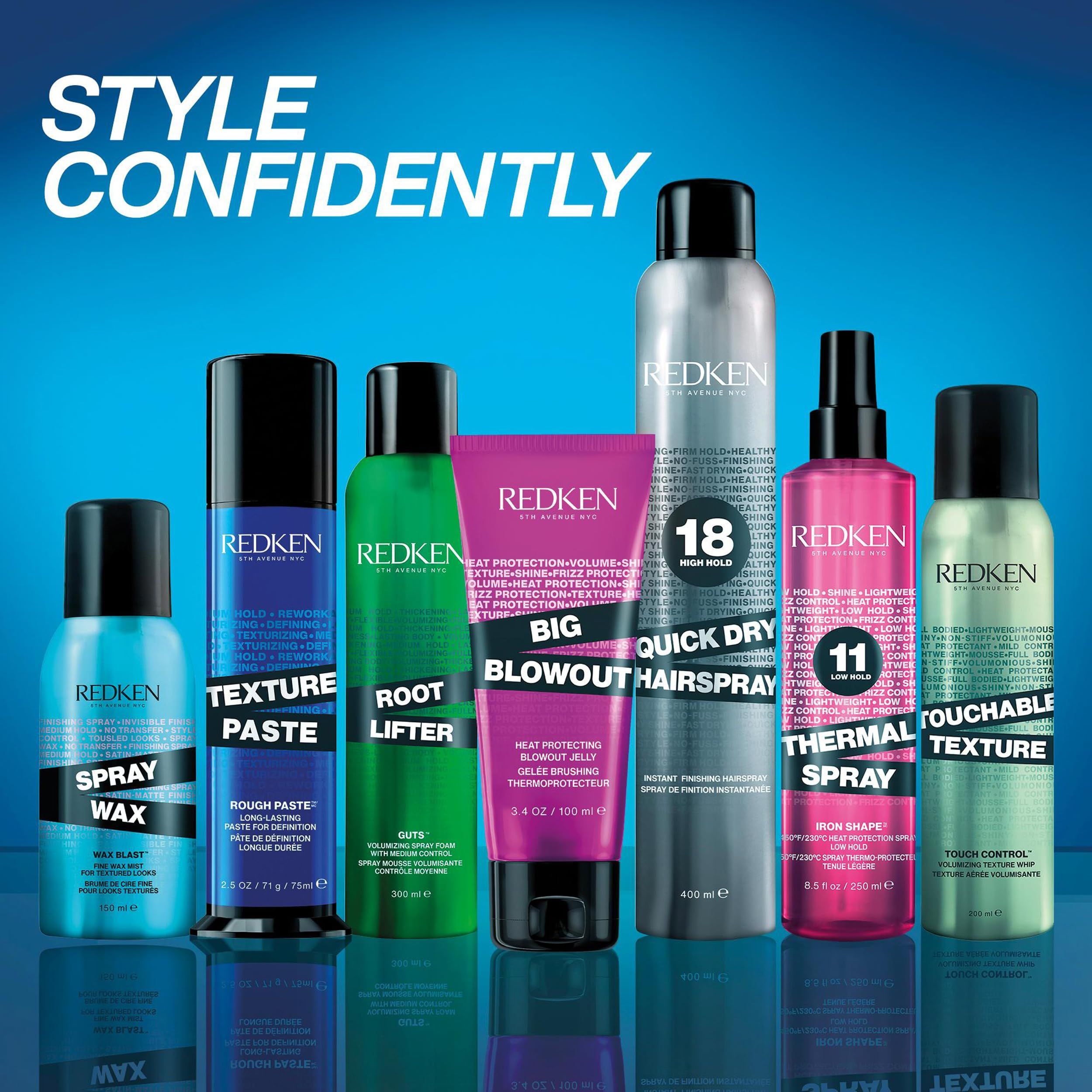 Plusieurs produits coiffants Redken. Comprend Spray Wax, Texture Paste, Root Lifter, Big Blowout, Quick Dry Hairspray, Thermal Spray, Touchable Texture.