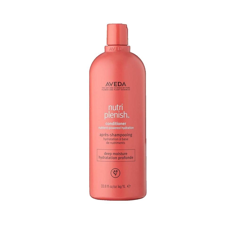 Roze fles met etiket. Opschriften: Aveda, nutriplenish, conditioner, après-shampooing, deep moisture.