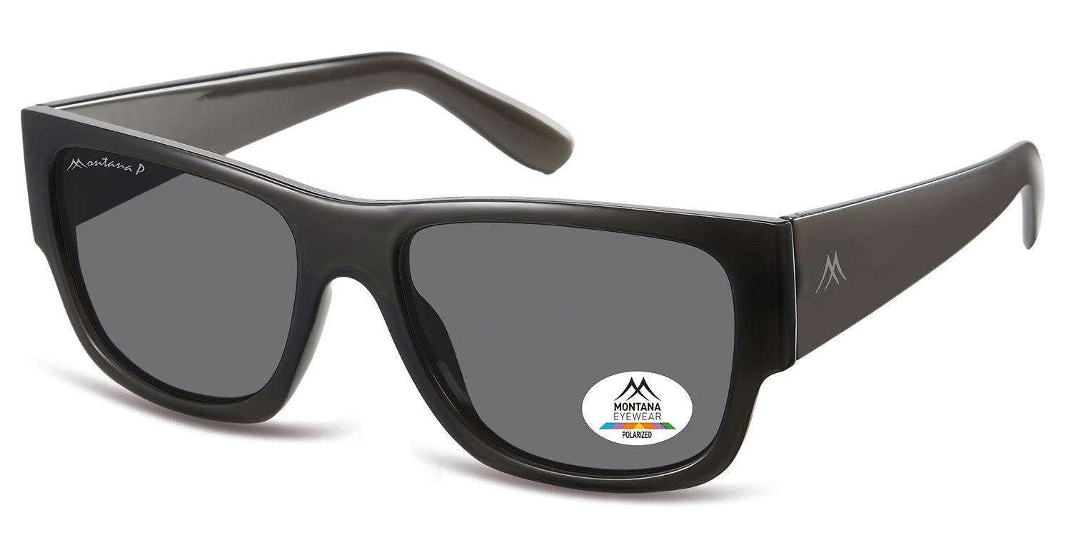 Lunettes de soleil grises foncées avec verres rectangulaires. Logo Montana Eyewear sur la branche gauche et autocollant sur le verre droit. Verres polarisés.