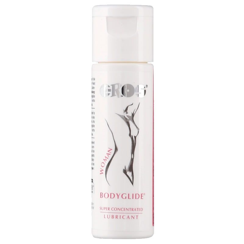 Flacon de gel lubrifiant Eros Bodyglide Woman avec silhouette féminine.