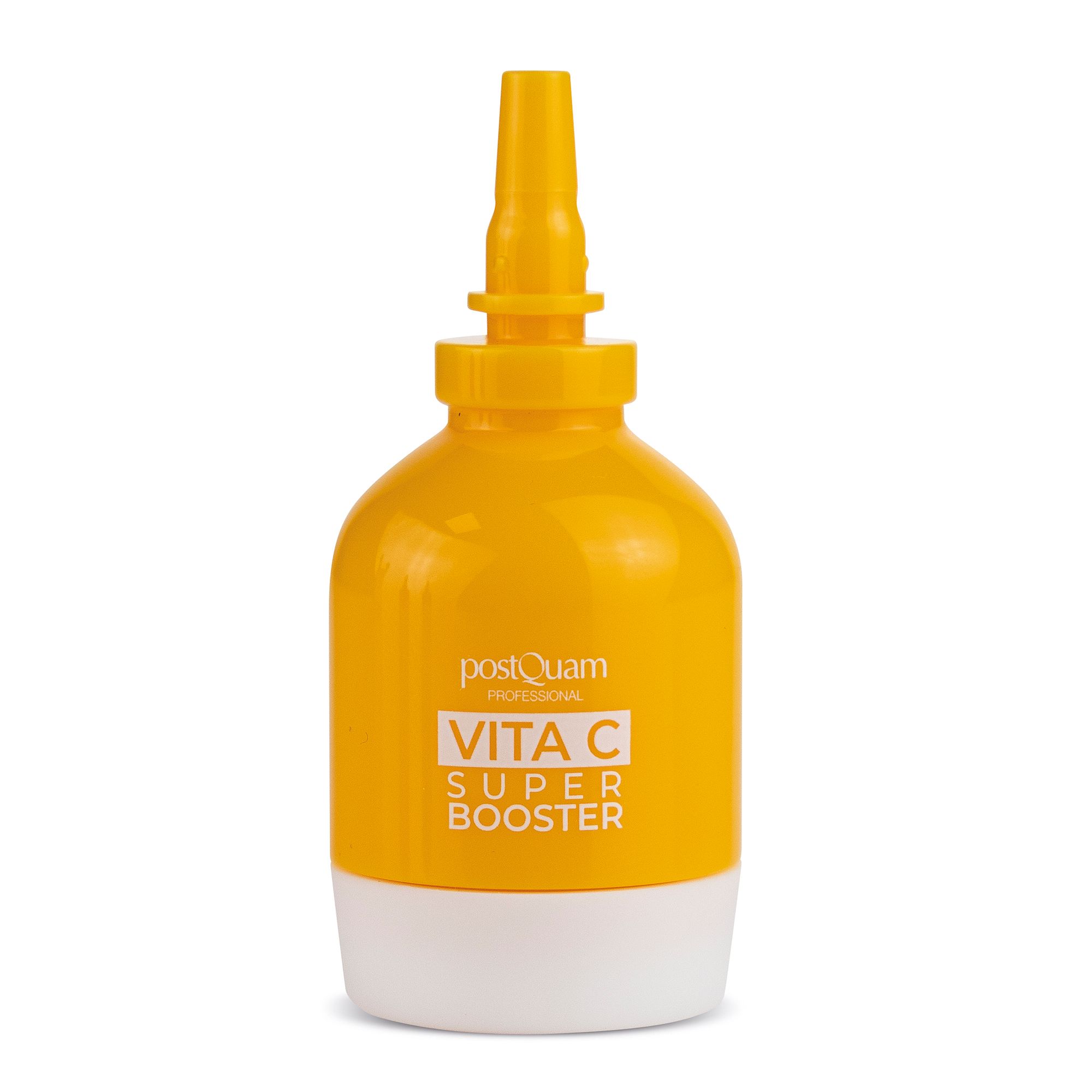 Gele fles met witte bodem. Opschrift: Postquam Vita C Super Booster. Zonder aparte applicator.