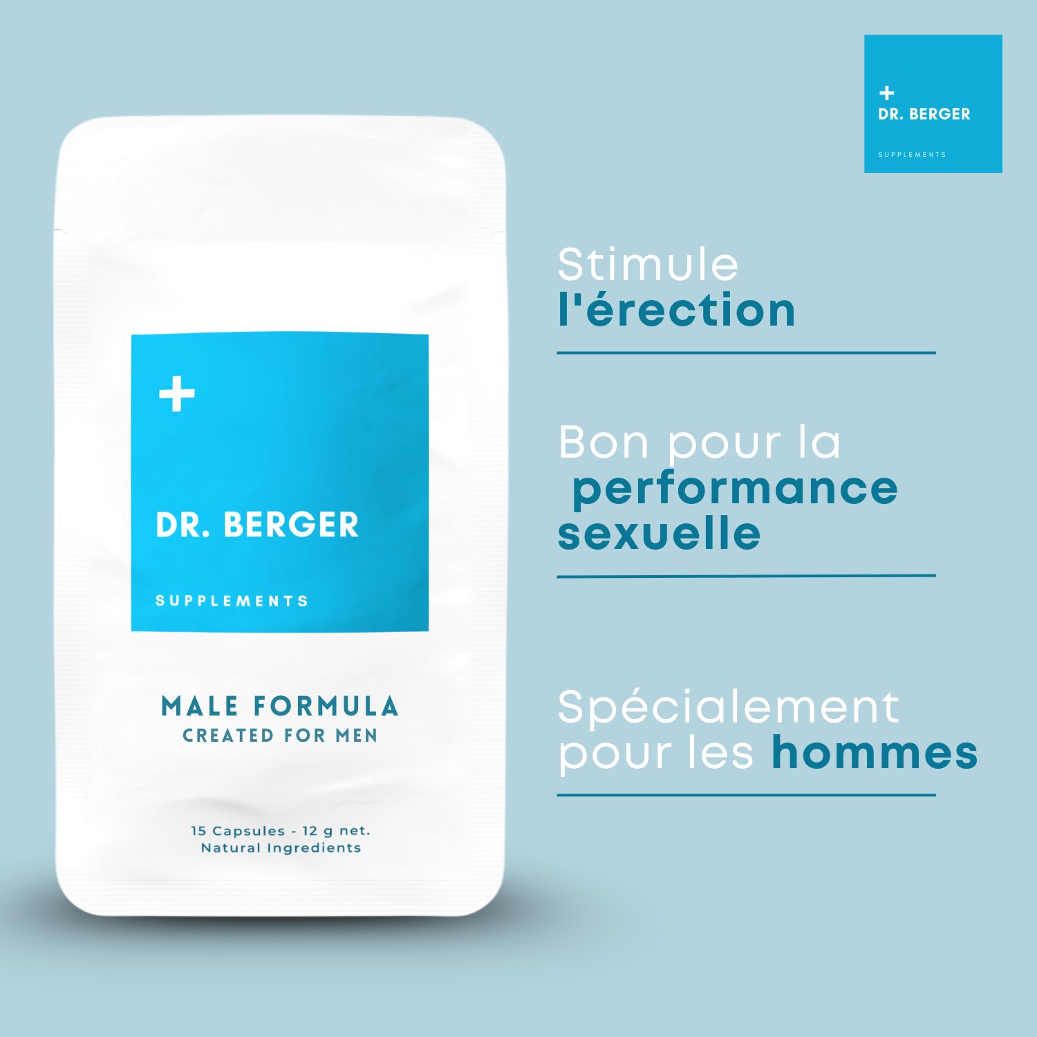 Emballage blanc avec zone bleue. Texte: DR. BERGER, MALE FORMULA. Texte à côté: Stimule l'érection.