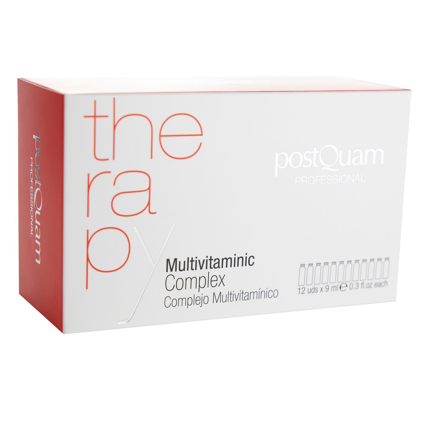 Witte doos met rode zijkant. Opschriften 'therapy' en 'postQuam'. Bevat 12 ampullen.