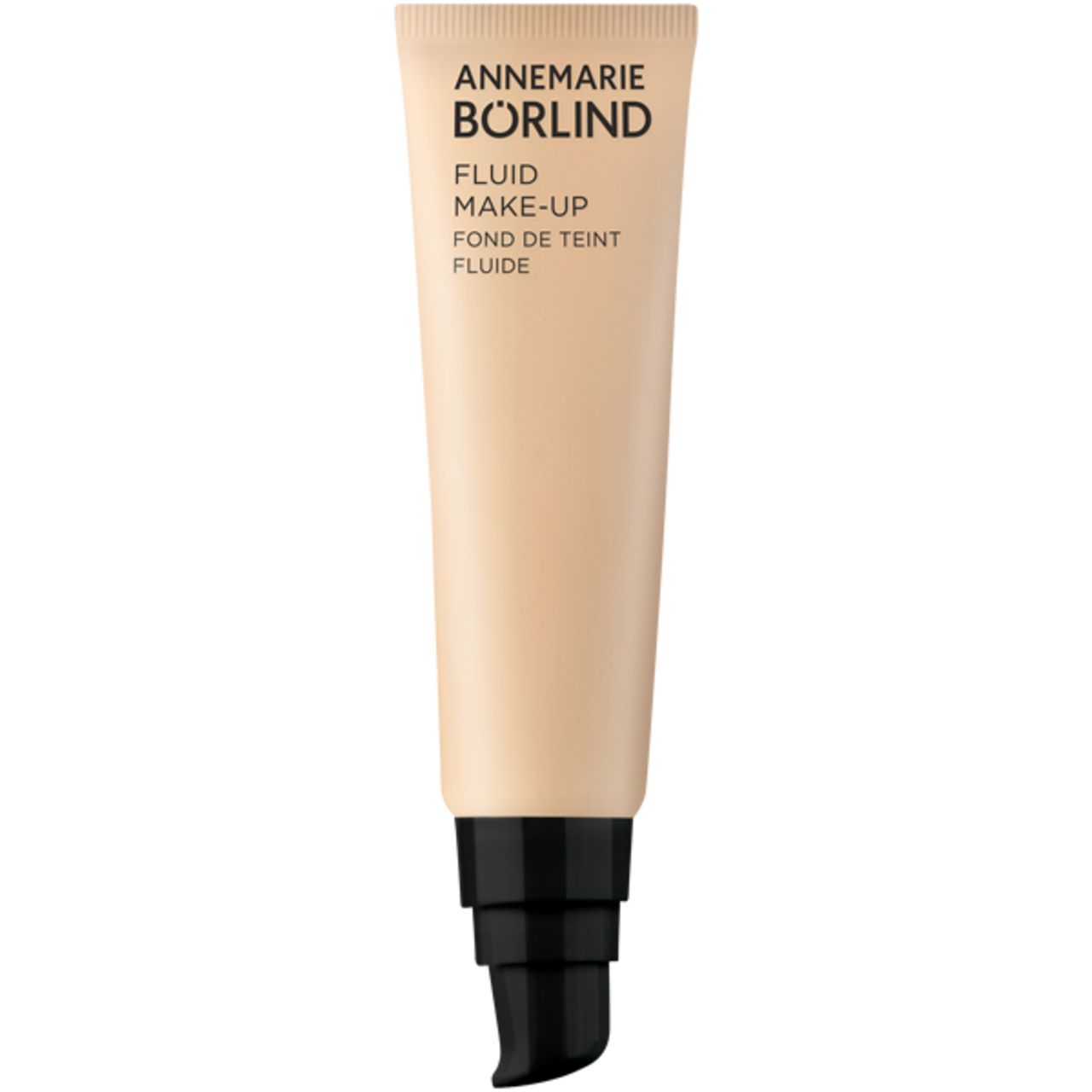 Tube beige avec pompe noire. Inscription: Annemarie Börlind, Fluid Make-Up, Fond de Teint Fluide.