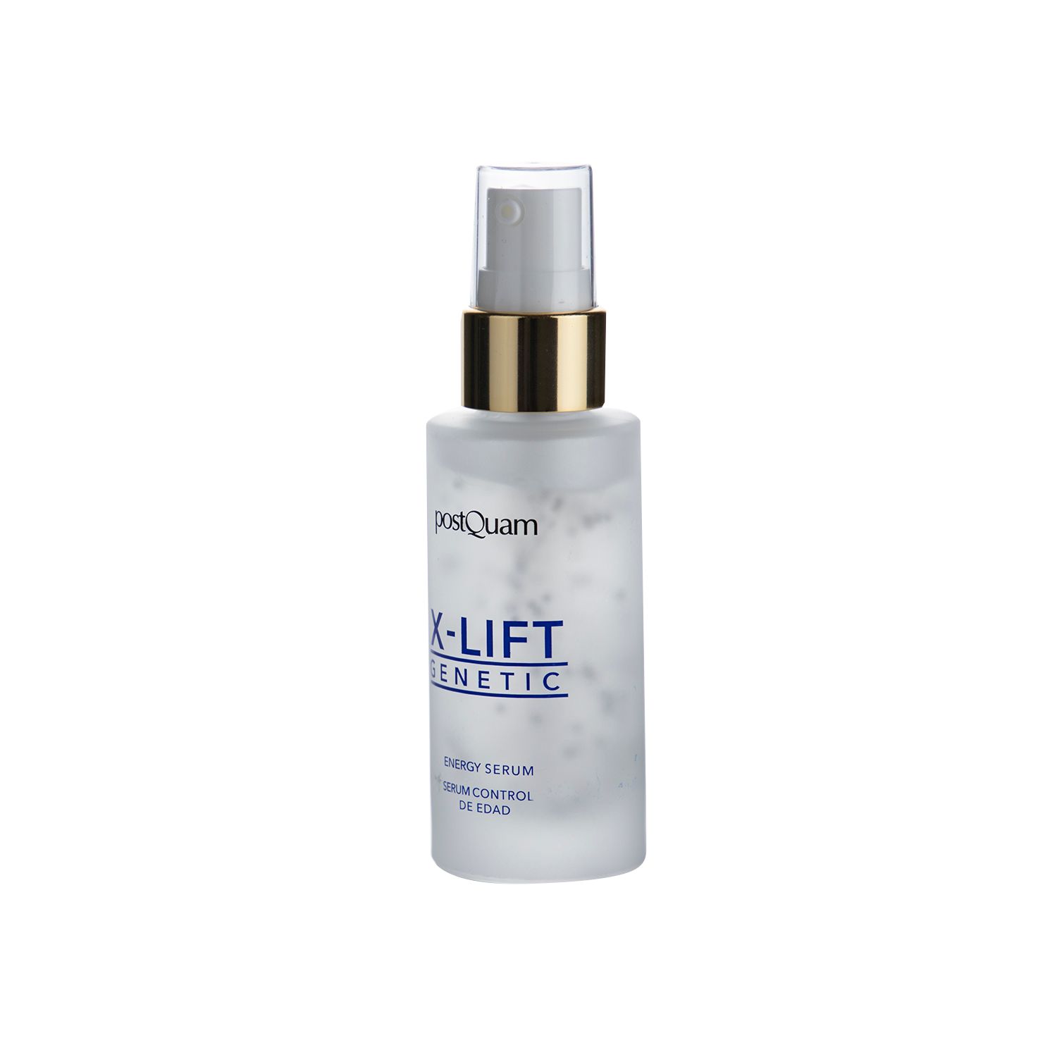 Serumfles met verstuiver. Opschrift: X-Lift Genetic Energy Serum. Transparante fles met witte deeltjes.