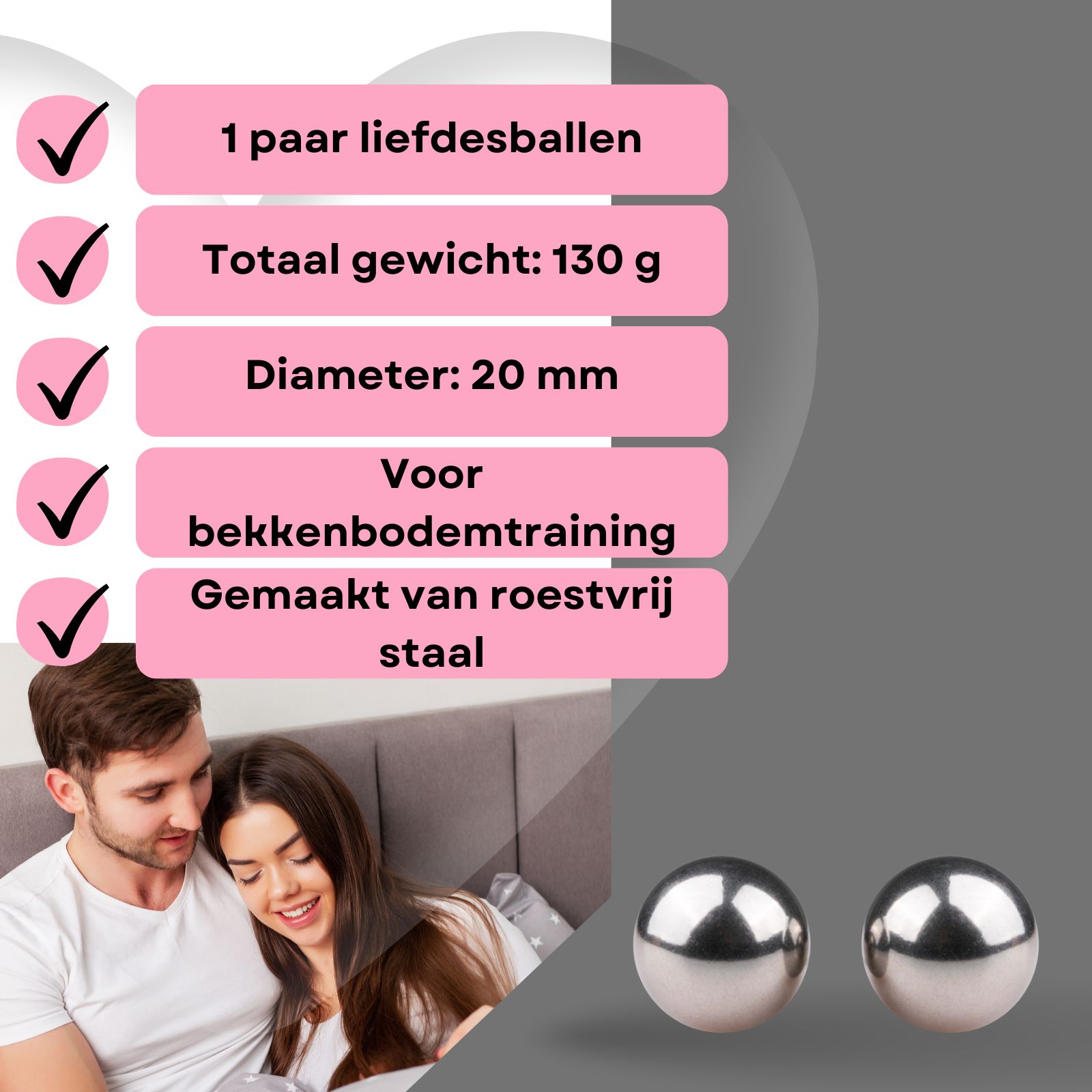 Twee metalen ballen. Paar op hand. Paar op bed. Tekst: Bekkenbodemoefeningen.