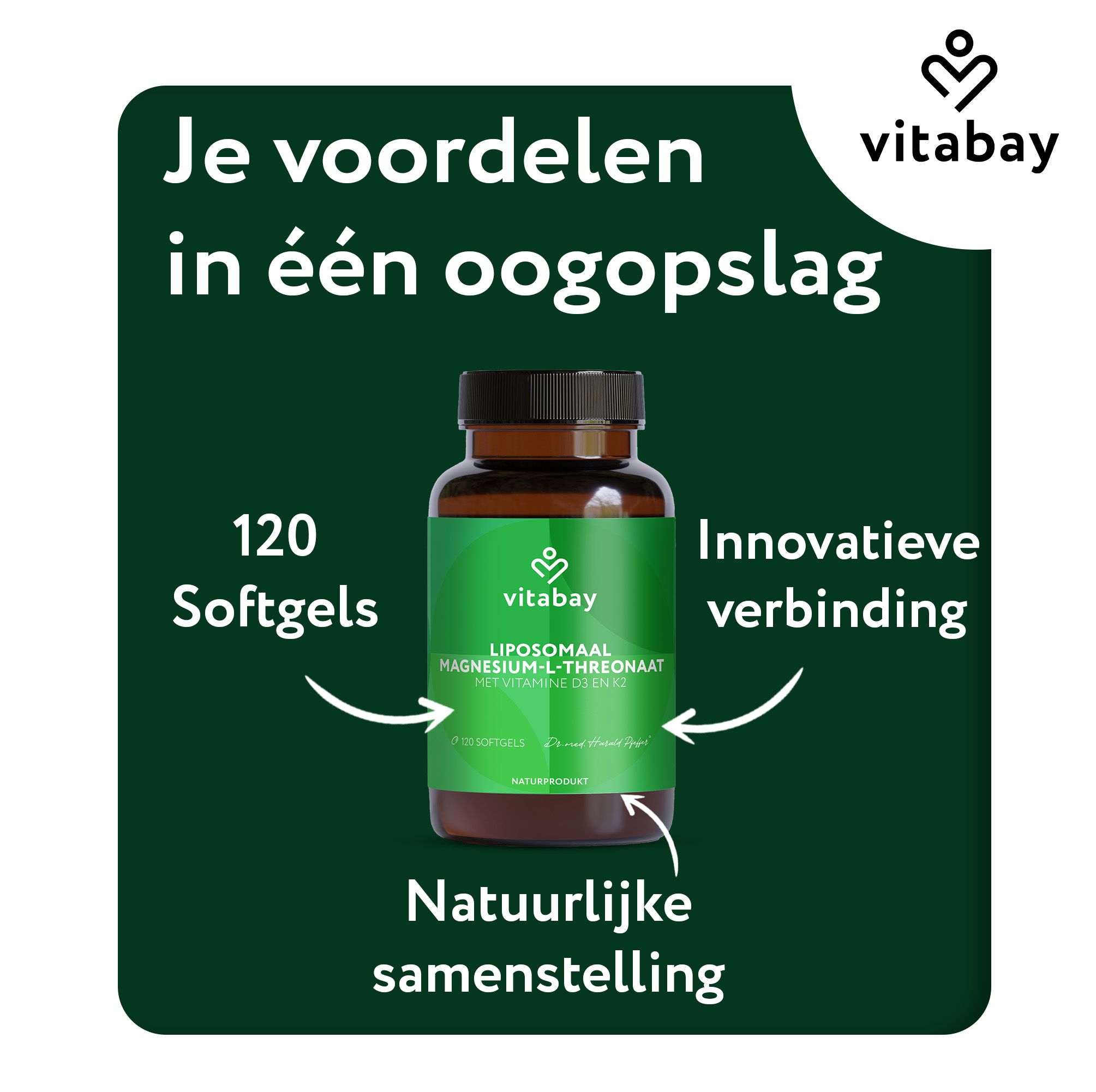 Vitabay Liposomale Magnesium L-Threonaat. 120 softgels. Zorgvuldig geselecteerde ingrediënten. Hoge kwaliteit en zuiverheid.