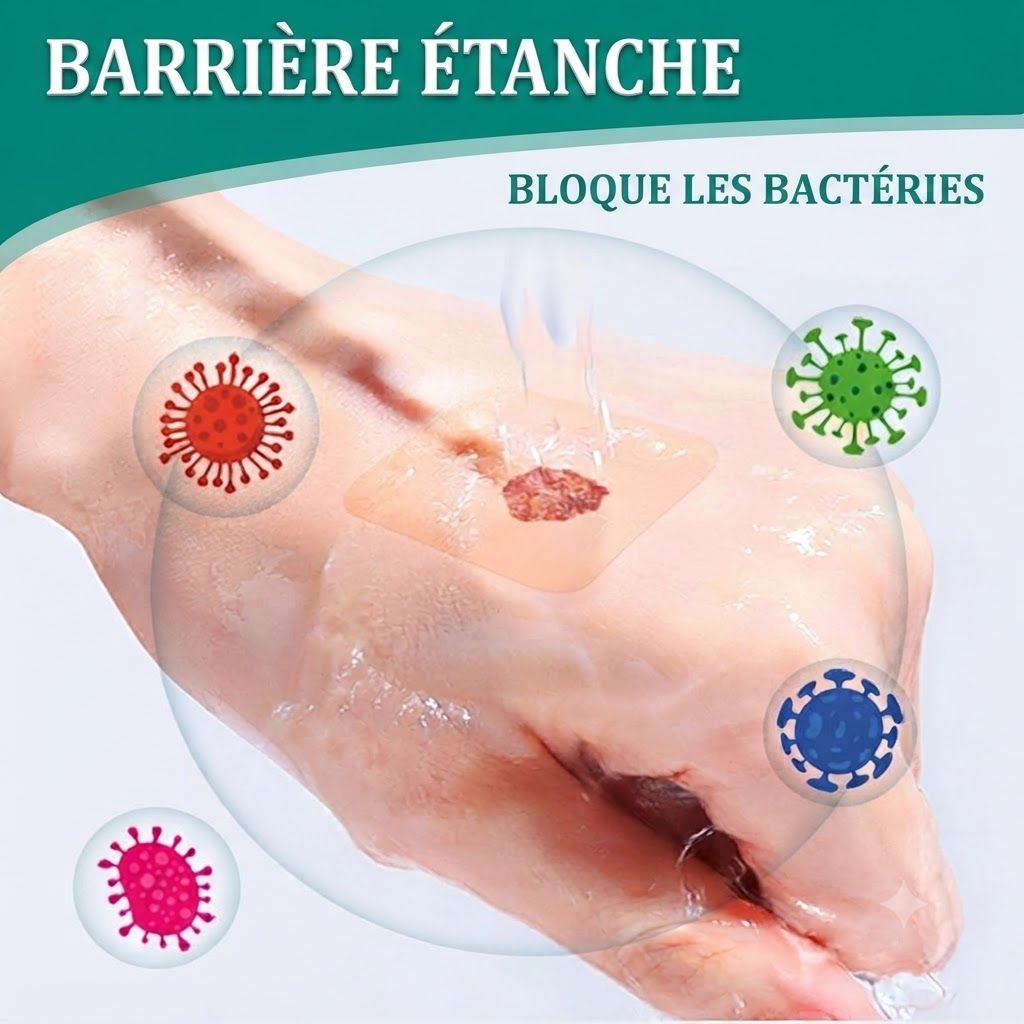 Pansements imperméables sur une main, bloquant les bactéries.