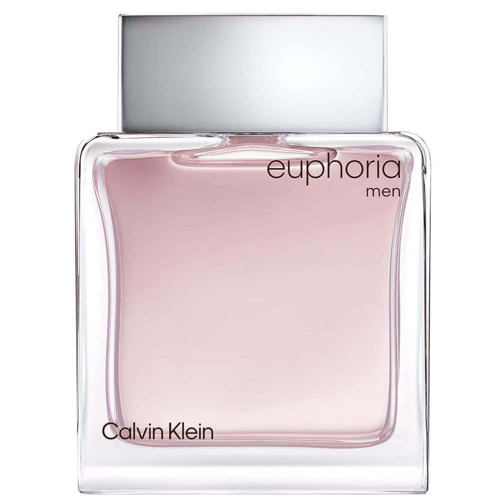 Calvin Klein Euphoria Men fles. Vierkante fles met zilveren dop, roze vloeistof. Opschrift Euphoria Men.