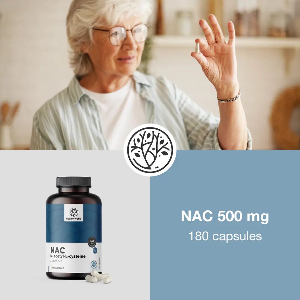 Oudere vrouw houdt capsule vast. Fles en capsules ernaast. Tekst: NAC 500 mg, 180 capsules. Logo: HealthyWorld.
