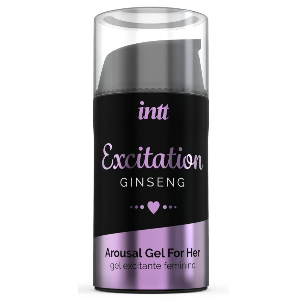 Zwarte cilindrische fles met tekst: intt Excitation GINSENG. Arousal Gel For Her. Met doseerpomp en transparante dop.