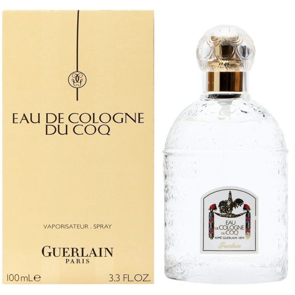 Flacon et emballage. Emballage beige avec texte. Flacon avec bouchon doré. Eau de Cologne du Coq.