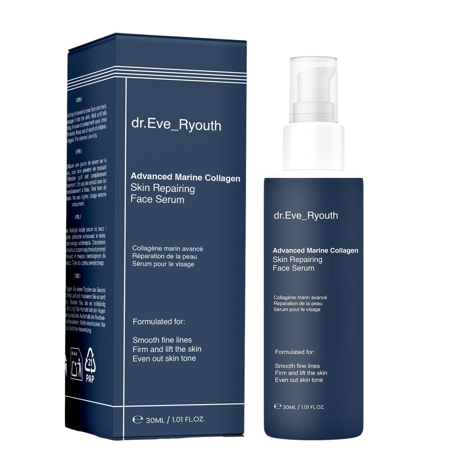 Flacon bleu foncé avec pompe blanche et boîte. Inscription: Advanced Marine Collagen Skin Repairing Face Serum.
