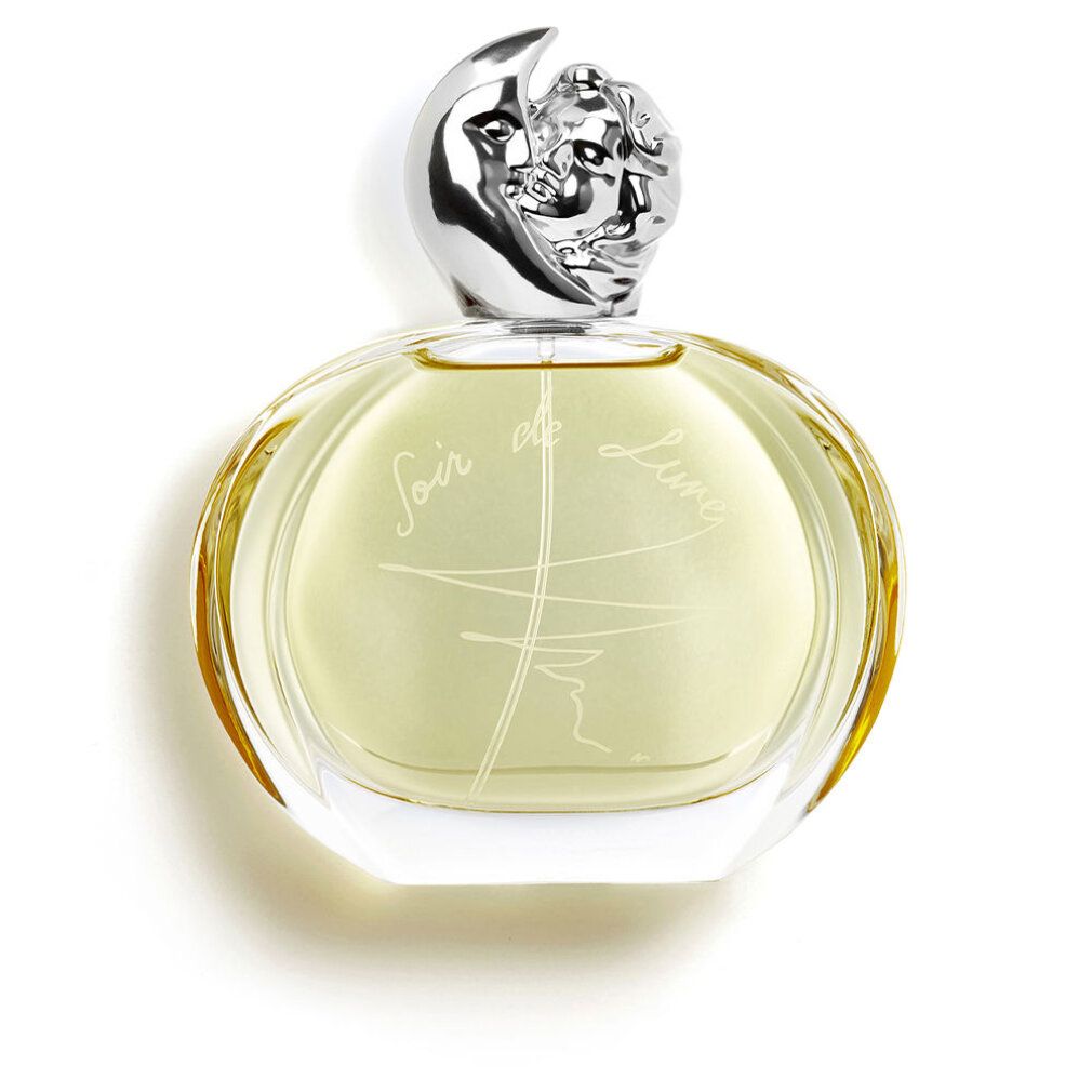 Ronde glazen fles met zilveren maanvormige dop. Opschrift Soir de Lune.