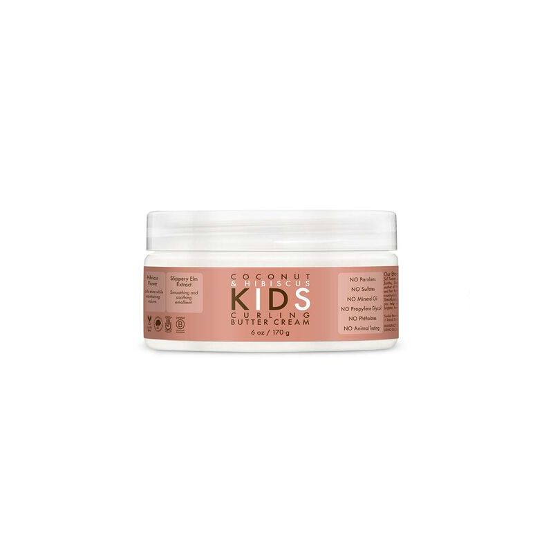 Crème au beurre bouclante pour enfants dans un pot blanc avec une étiquette rose. Contient des informations sur les ingrédients et les certifications.