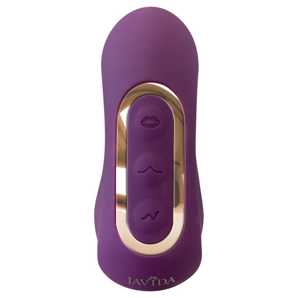Vibrateur violet. Panneau de commande avec trois symboles: lèvres, vagues, vibration. Cadre doré.