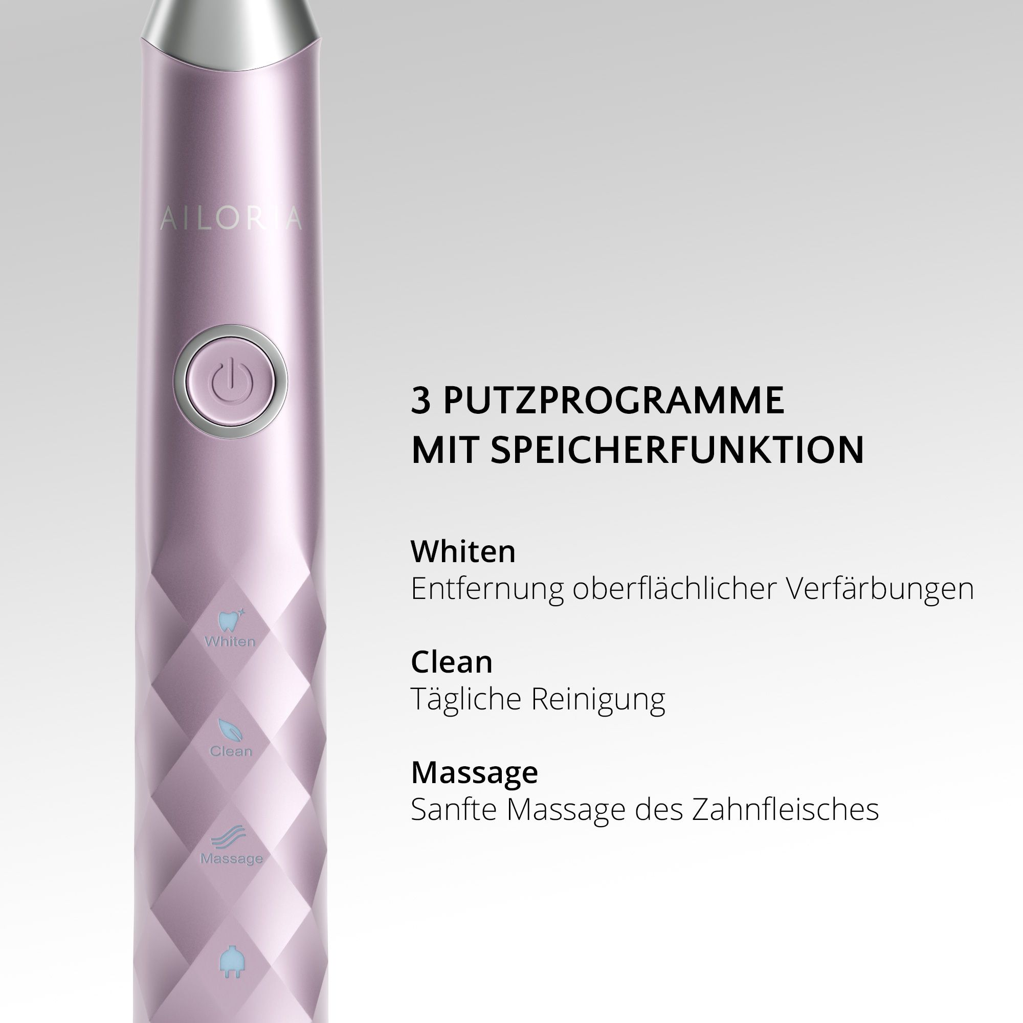 Gros plan sur la brosse à dents. Trois modes : Whiten, Clean, Massage. Logo AILORIA et panneau de contrôle.