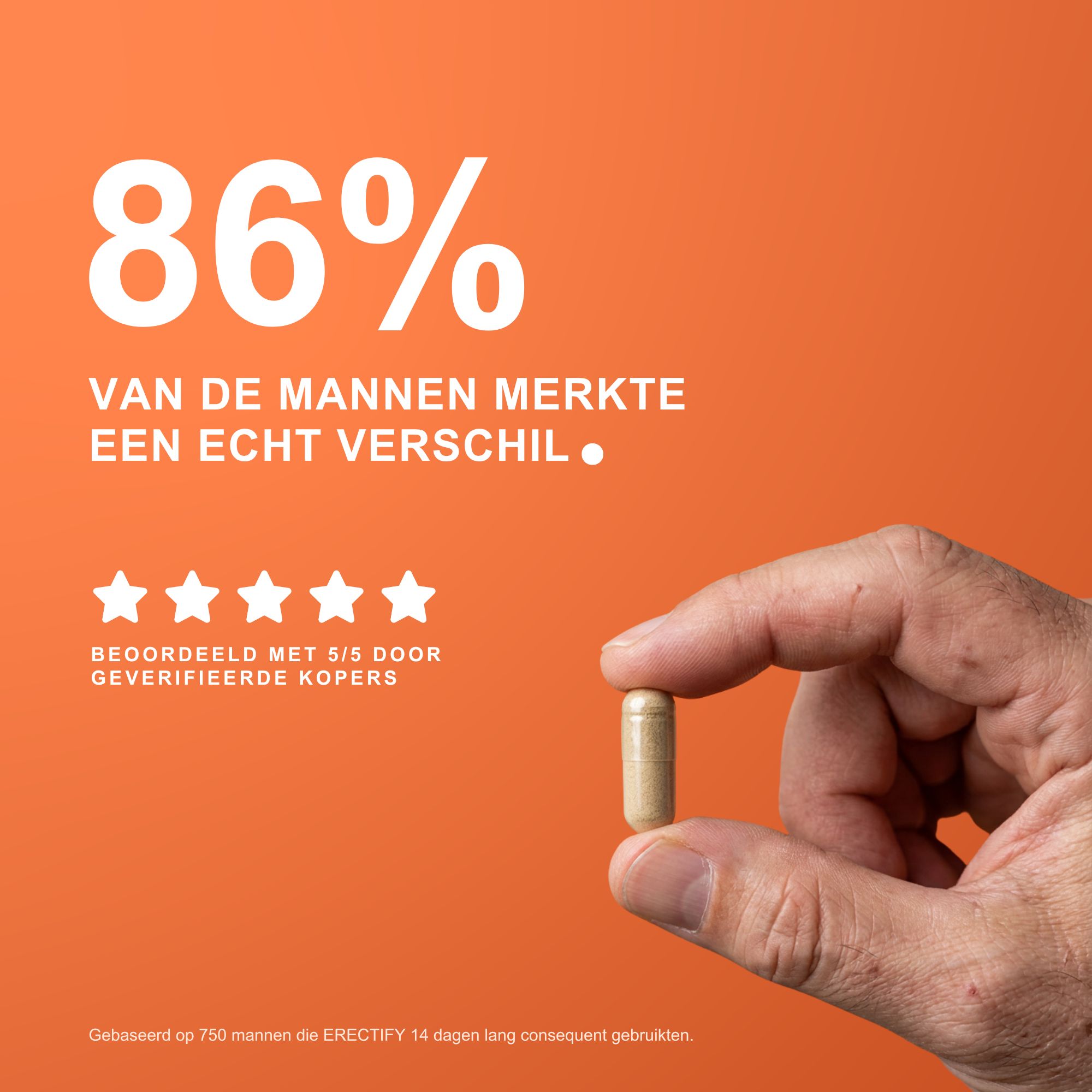 Hand houdt capsule vast tegen oranje achtergrond. Tekst: '86% van de mannen merkte een echt verschil. Beoordeeld met 5/5'.