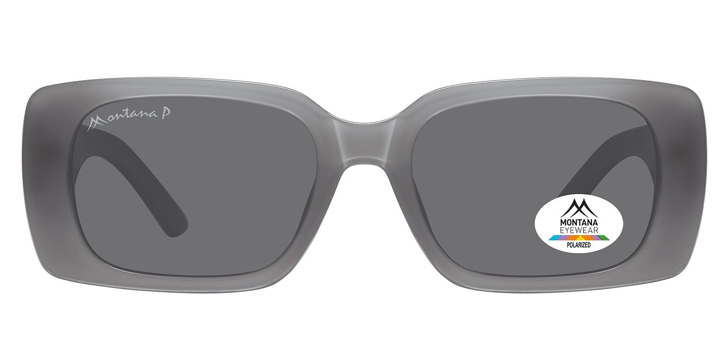 Lunettes de soleil grises avec verres rectangulaires. Logo Montana Eyewear sur la branche. Autocollant polarisé sur le verre.