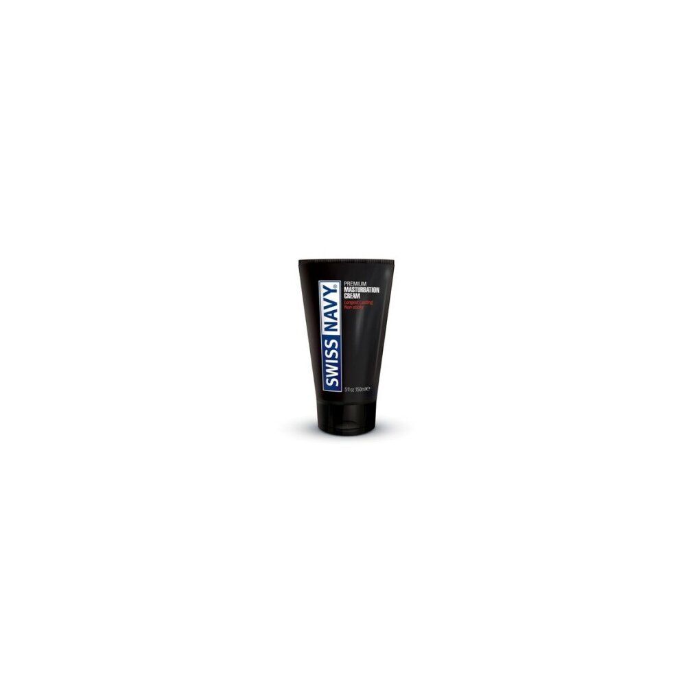 Tube noire avec logo "SWISS NAVY". Texte: "PREMIUM MASTURBATION CREAM". Sur fond blanc.