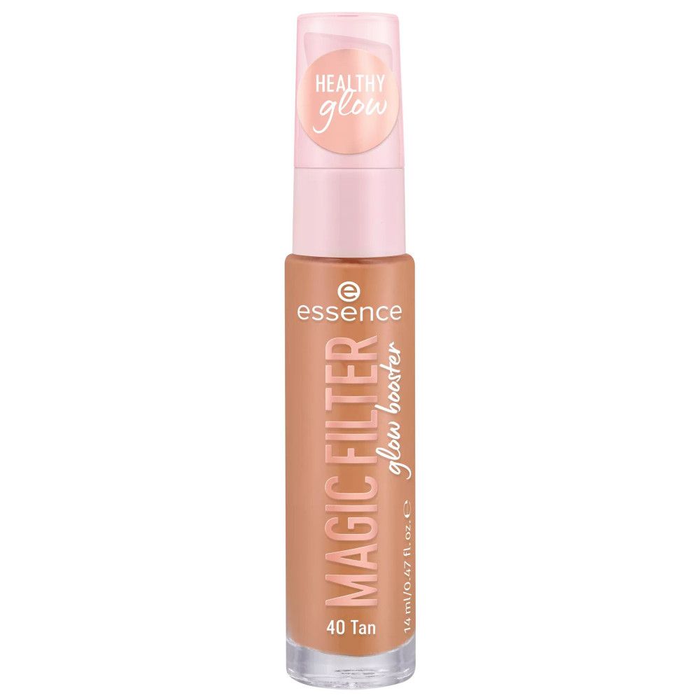 Fond de teint liquide en flacon transparent avec pompe rose. Inscription: MAGIC FILTER glow booster, 40 Tan. Marque: essence.