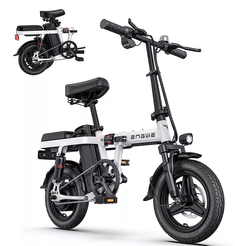 Opvouwbare e-bike, wit en zwart. Merk ENGWE. Koplamp, zadel, pedalen en bagagerek. 14 inch banden.