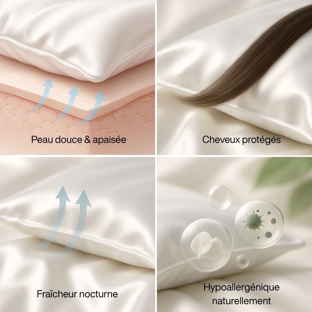 Gros plans sur oreiller blanc. Texte : Peau douce & apaisée, Cheveux protégés, Fraîcheur nocturne.