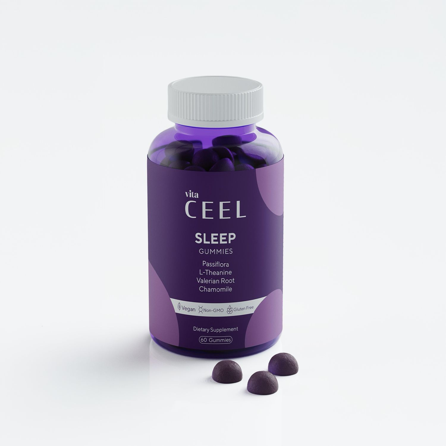 Bouteille de Vita Ceel Sleep Gummies avec informations détaillées sur l'étiquette et trois gummies.
