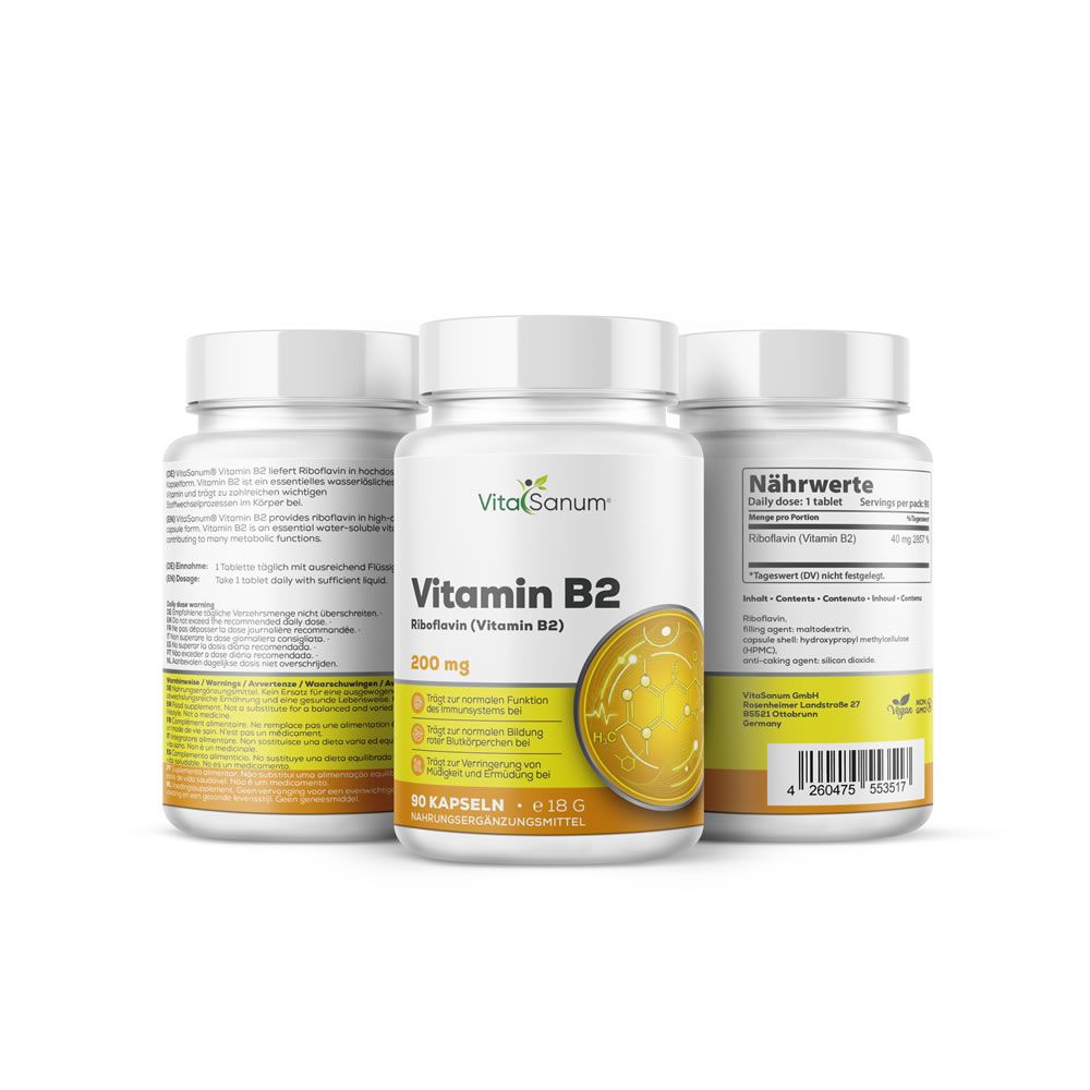 Drie witte pillenpotten met etiketten. Opschrift: VitaSanum Vitamine B2, 200 mg, 90 capsules. Geel designelement.