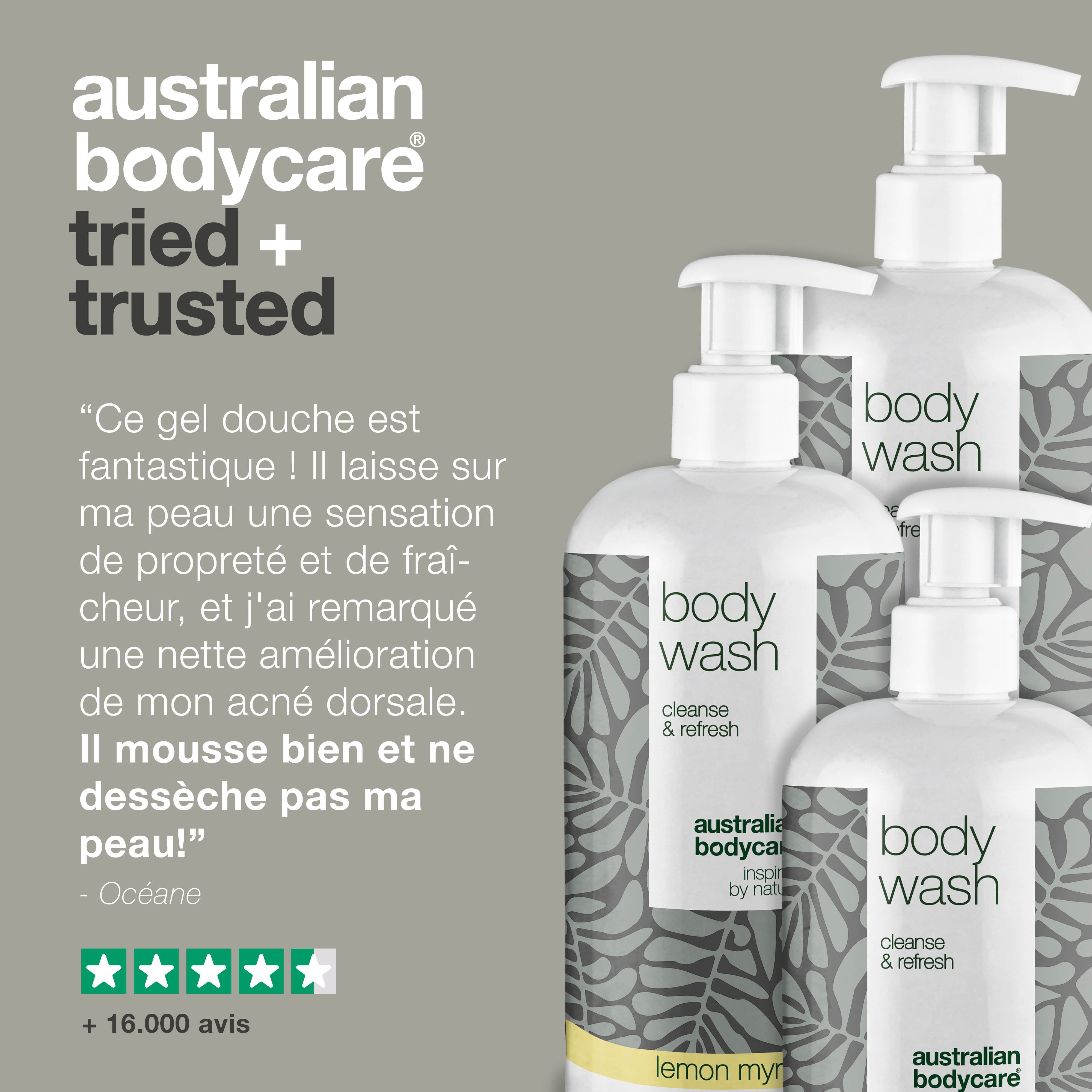 Quatre flacons body wash. Texte : Ce gel douche est fantastisch! +16.000 avis. Évaluation par étoiles.