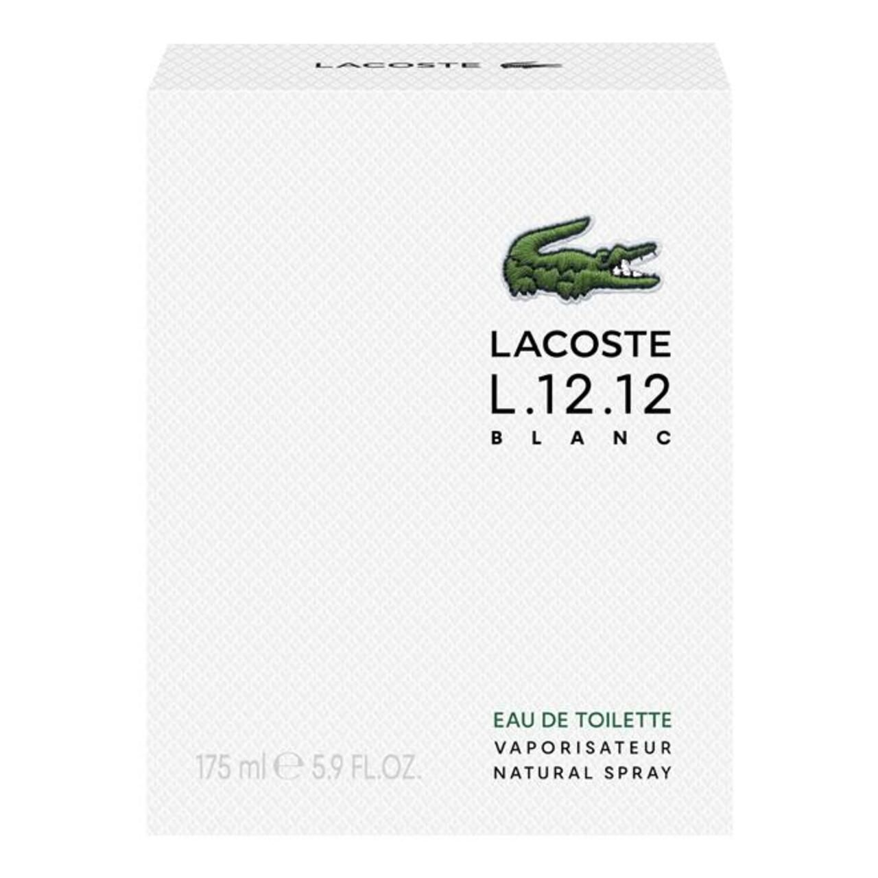 Boîte blanche avec logo crocodile vert et texte. Inscription: Lacoste L.12.12 Blanc.