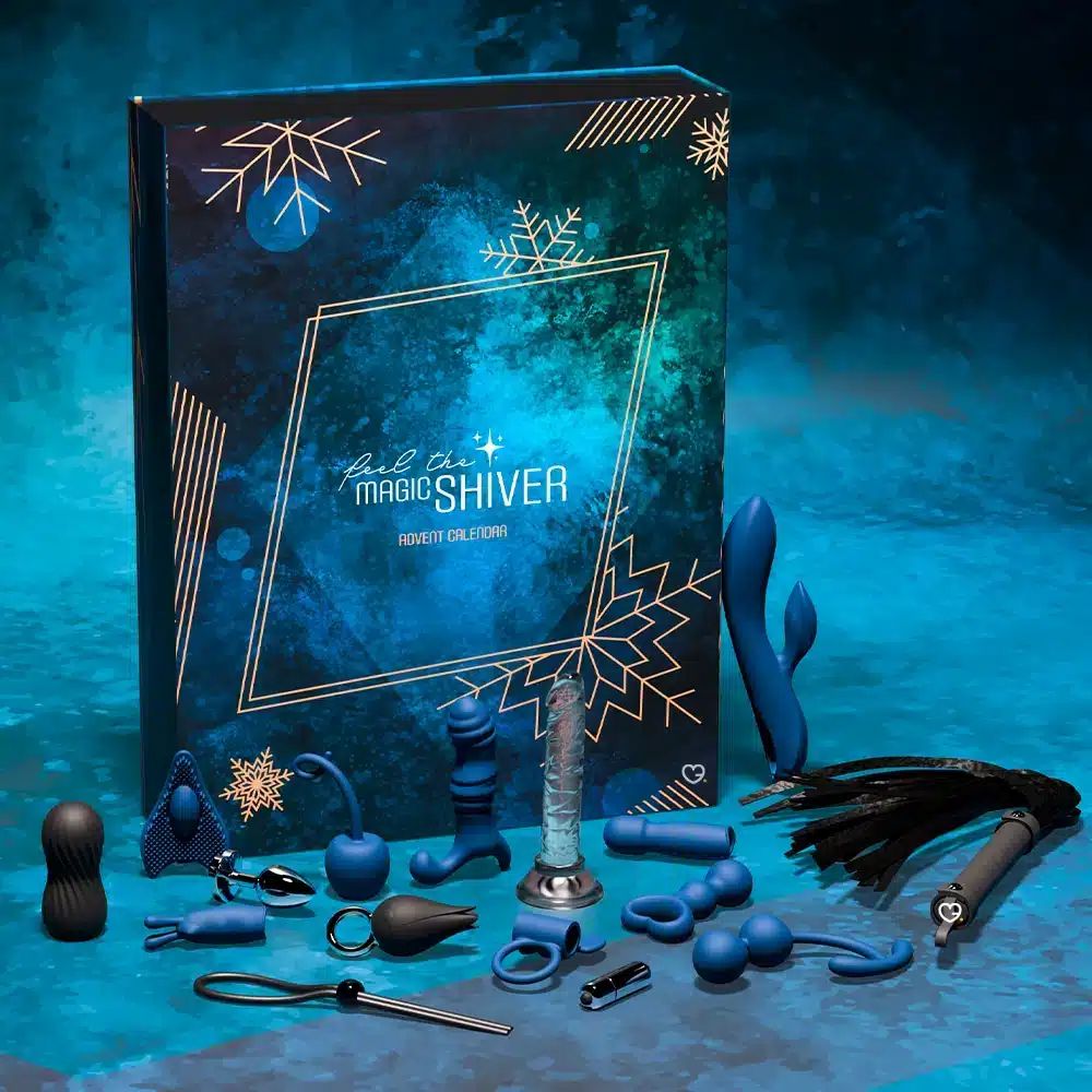 Calendrier de l'Avent avec jouets sexuels bleus et noirs. Inscription : Feel the Magic Shiver. Différentes formes et tailles.