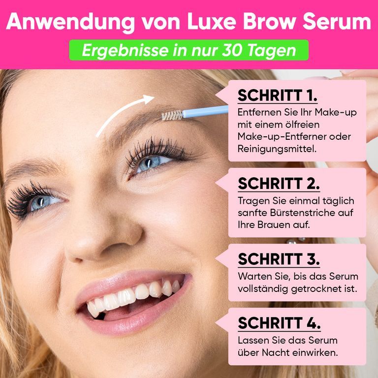 Vrouw brengt wenkbrauwserum aan. Stap-voor-stap instructies voor gebruik.