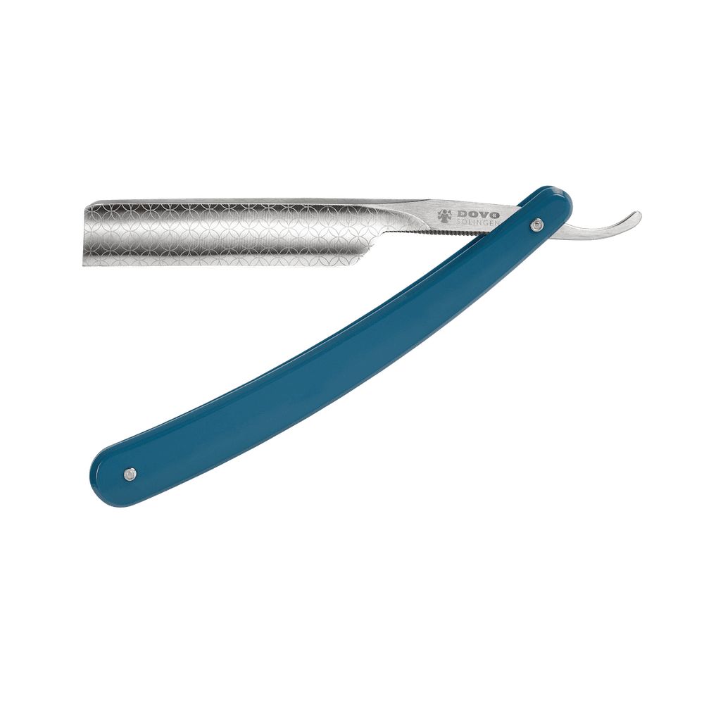 Scheermes met blauw handvat en zilveren lemmet. DOVO-logo zichtbaar. Detailweergave.