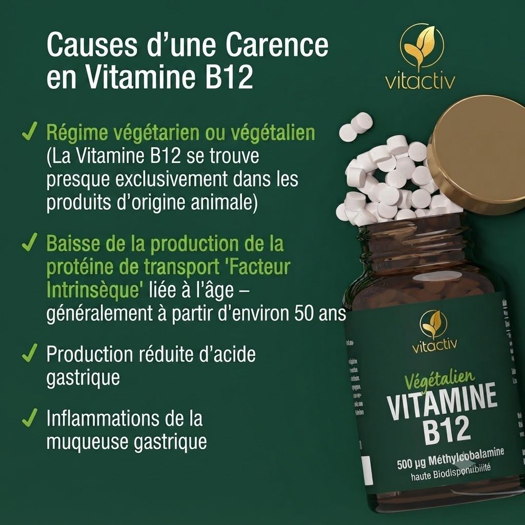 Flacon en verre brun foncé avec bouchon doré, étiquette avec logo vitactiv, Vitamine B12 végétalienne, 500 µg de méthylcobalamine et haute biodisponibilité.