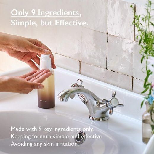 Fles met pomp naast kraan. Tekst: Slechts 9 ingrediënten, eenvoudig maar effectief. Formule eenvoudig en effectief.