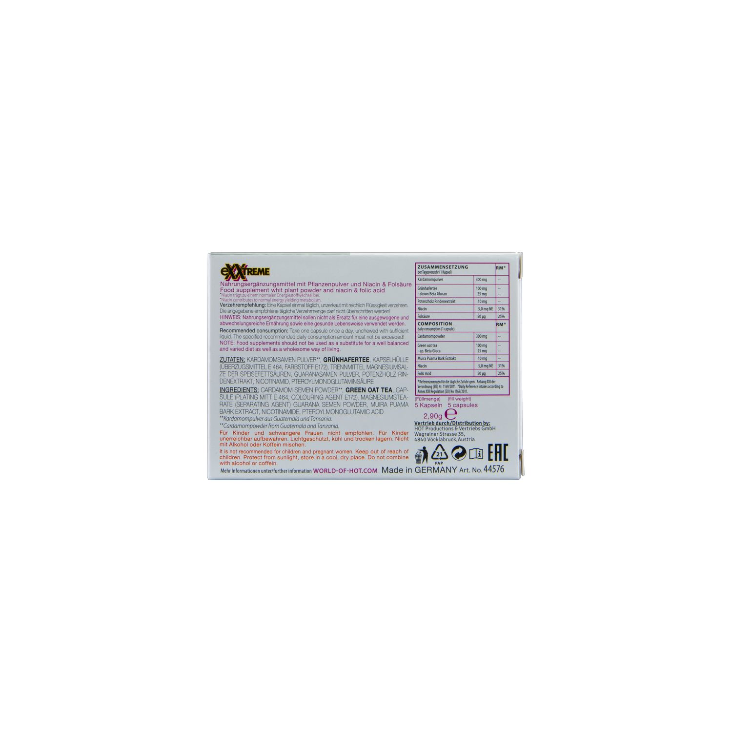 Boîte en carton avec informations produit et tableau nutritionnel. Fabriqué en Allemagne.