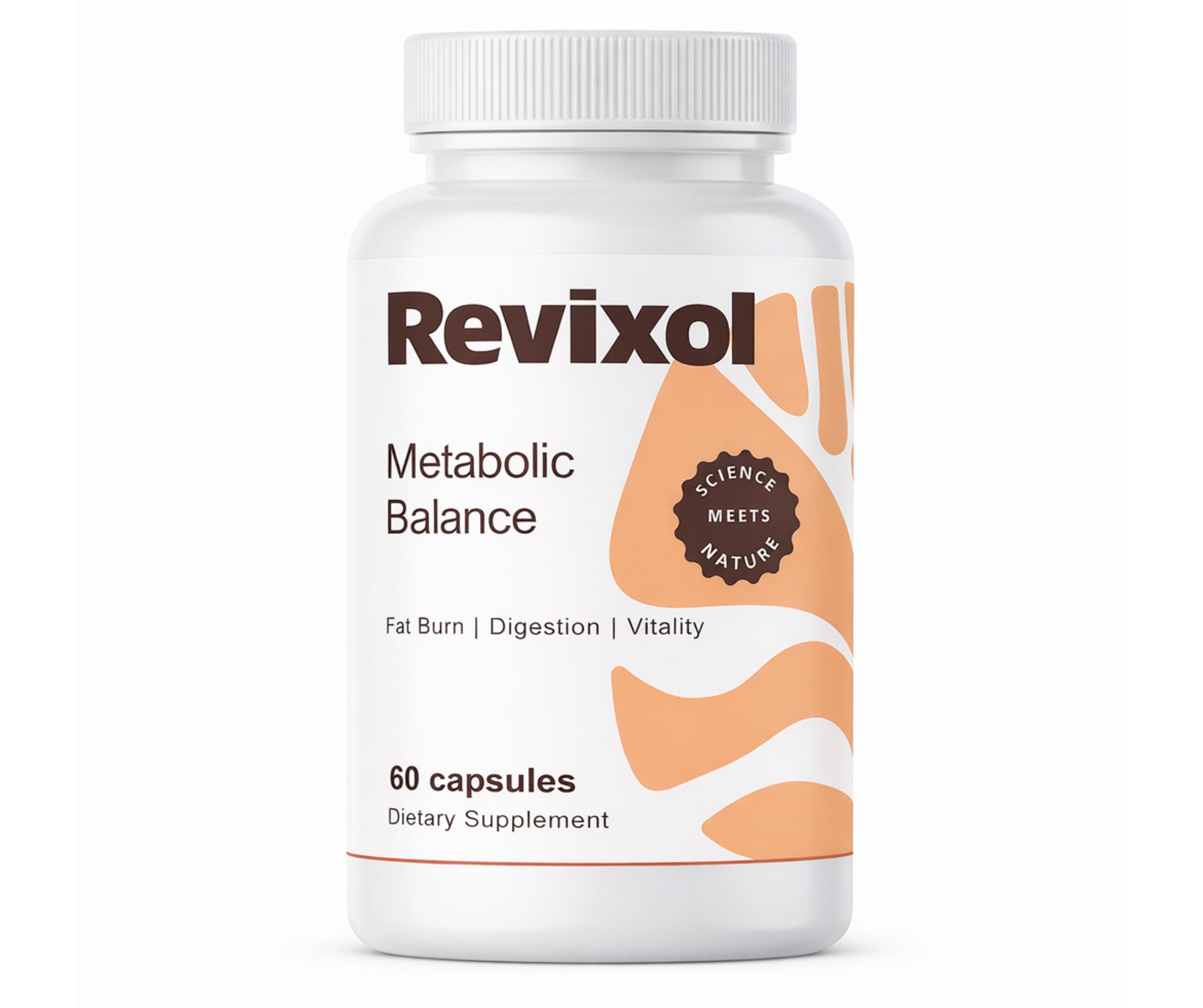 Flacon blanc de gélules. Inscription: Revixol, Metabolic Balance, 60 gélules. Avec sceau: Science meets Nature.