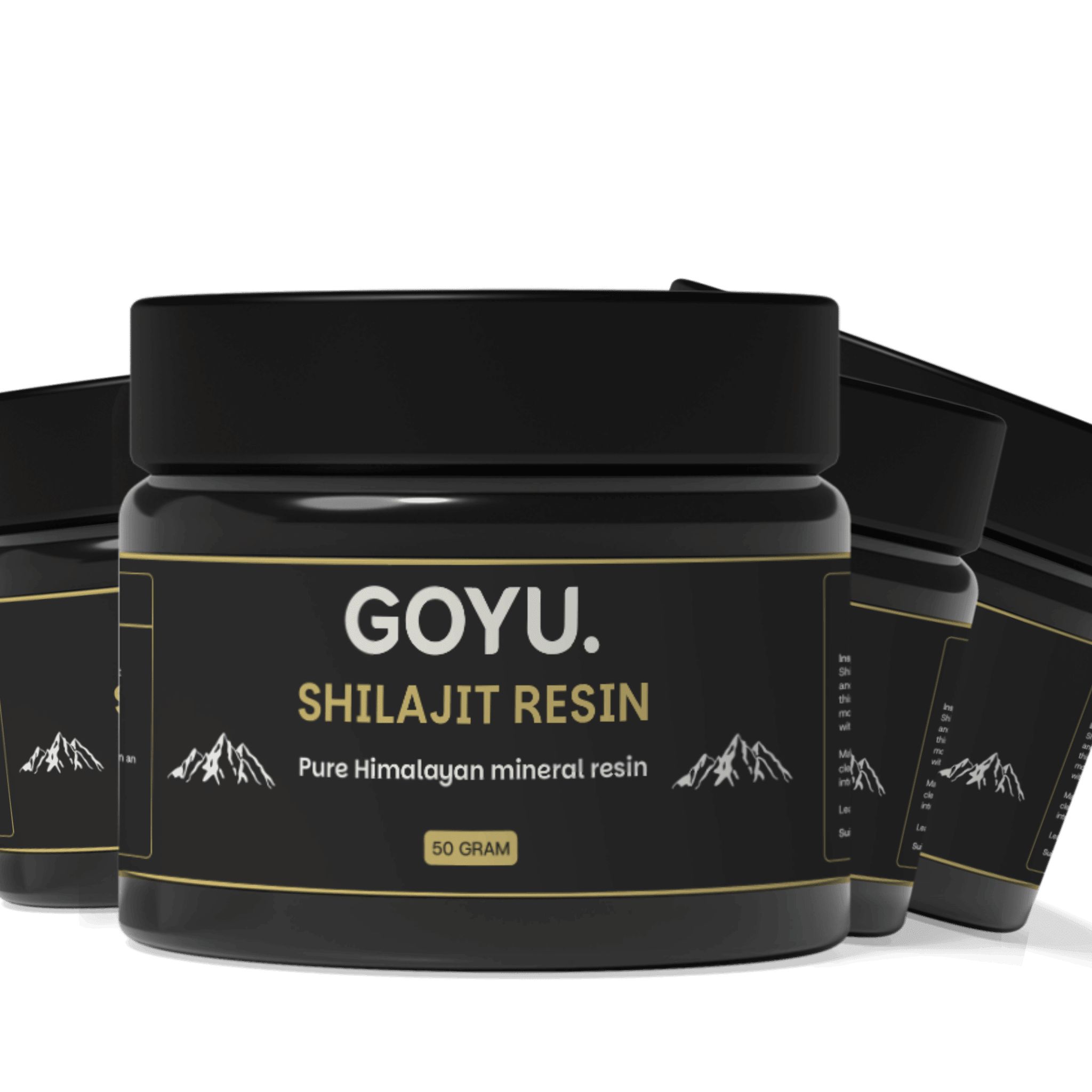 Zwarte pot met zwart deksel. Opschrift: GOYU. Shilajit Resin, 50 gram.