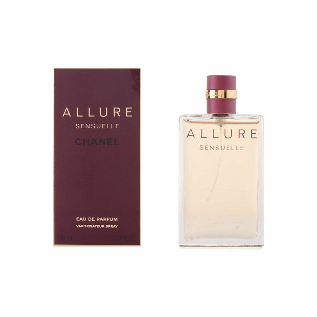 Parfumfles en verpakking. Fles met gouden dop, verpakking met opschrift Allure Sensuelle.