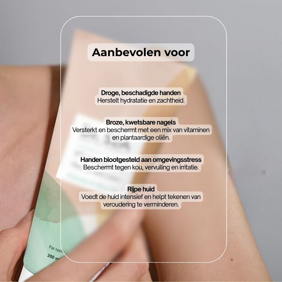 Crèmetube. Dr. Sea Multivitamin Hand- & Nagelcrème. Avocado & Olijfolie. Tekst over ingrediënten.