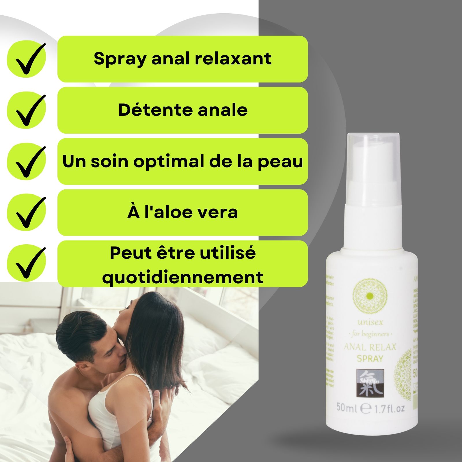 Produit et couple. Emballage avec texte. ANAL RELAX SPRAY, unisex, Shiatsu. 50 ml.