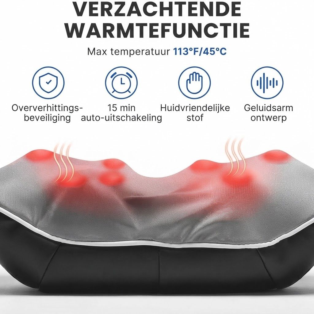 Grijs massagekussen met rode verwarmingselementen, oververhittingsbeveiliging, 15 min auto-uitschakeling, huidvriendelijke stof en stil ontwerp.