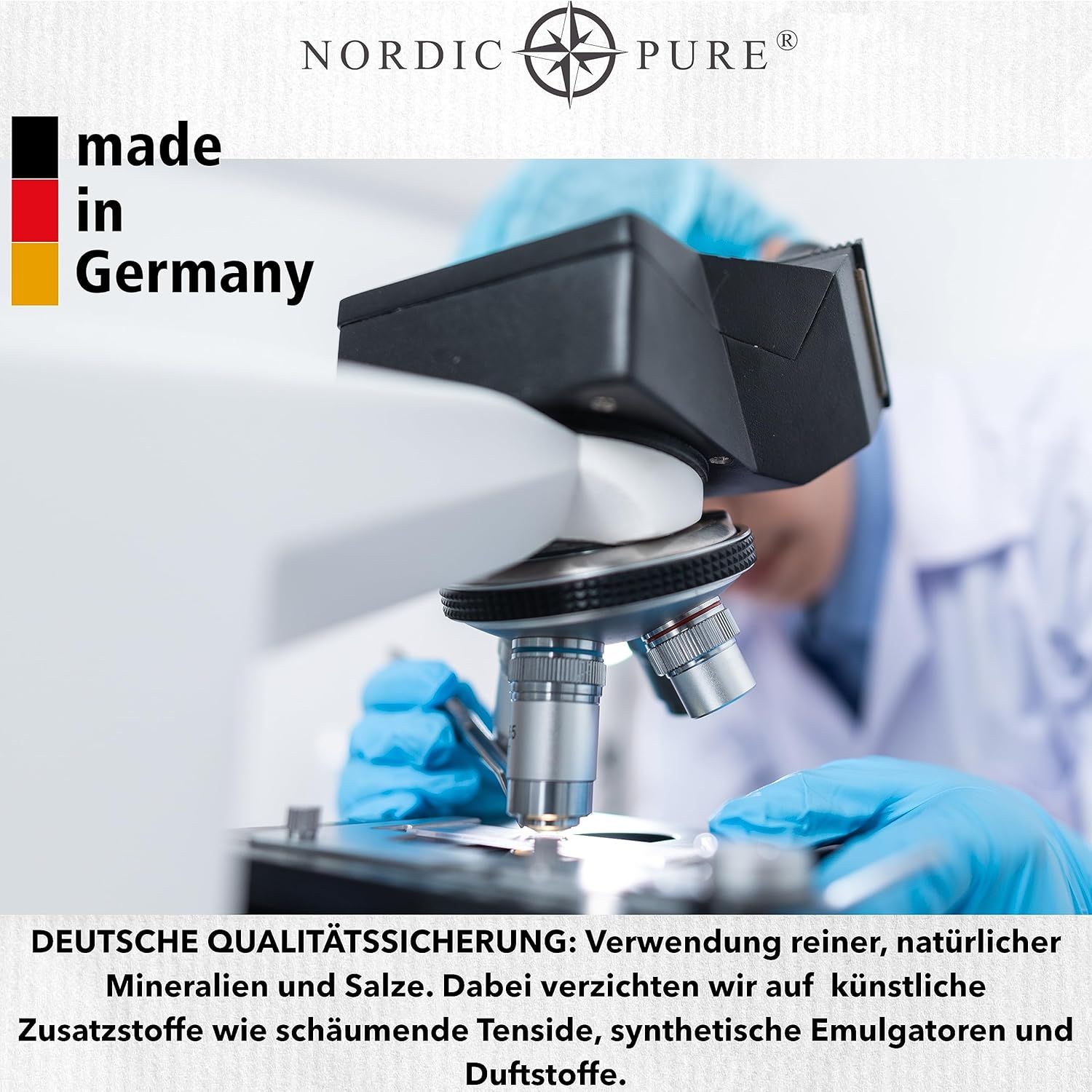 Microscope et récipient "NORDIC PURE". Texte: Assurance qualité allemande. Utilisation de minéraux et sels naturels purs.