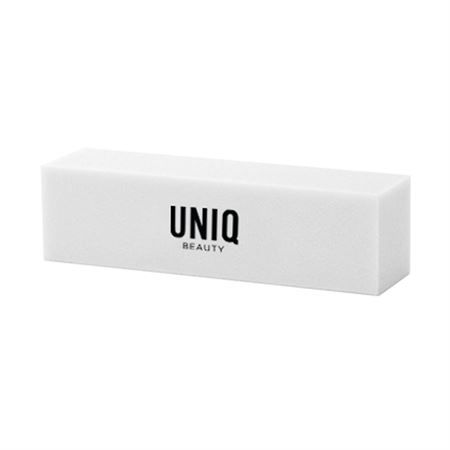 Bloc polissoir à ongles blanc avec logo UNIQ BEAUTY noir.
