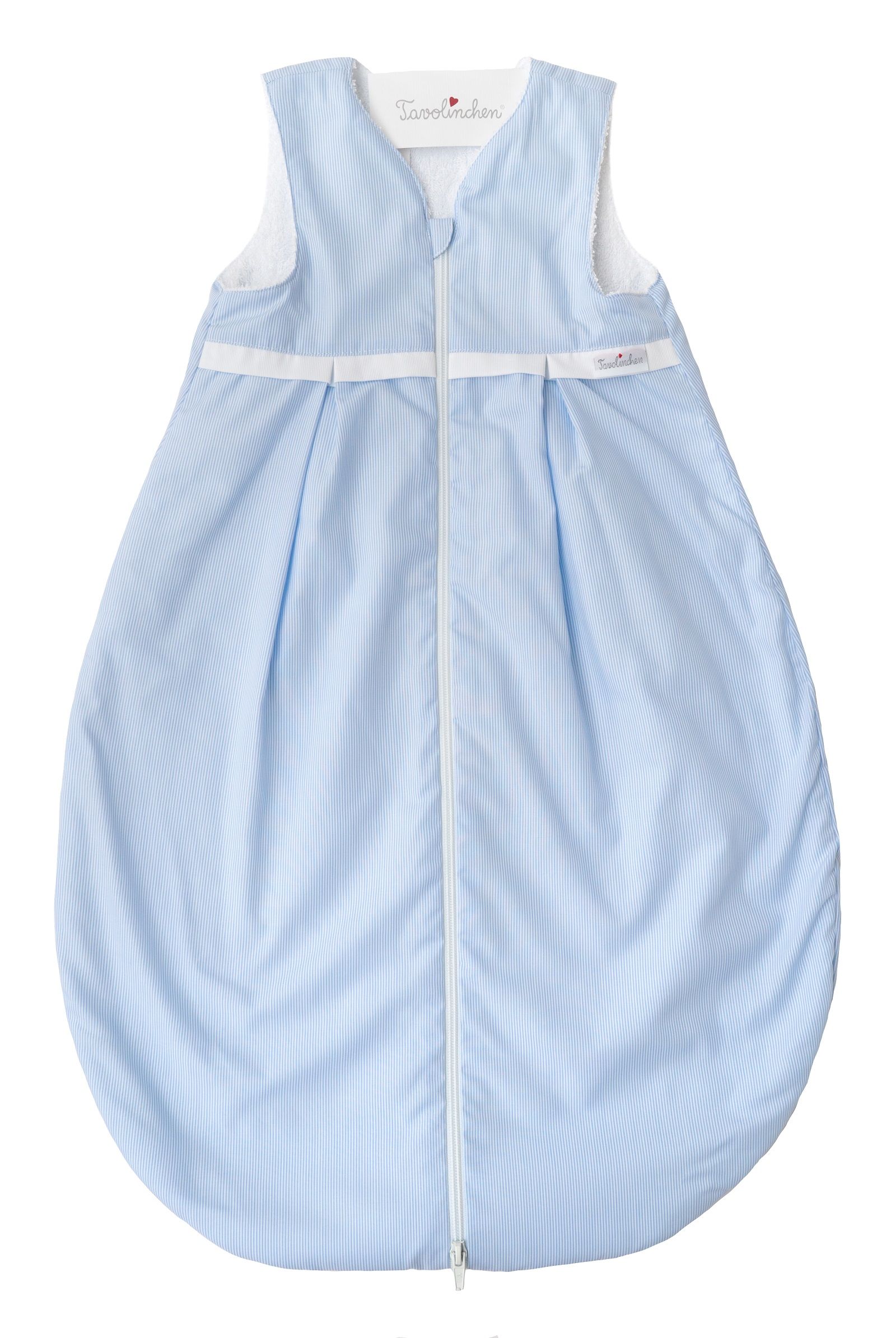 Gigoteuse bleu clair avec fermeture éclair et bordure blanches. Intérieur en éponge blanche. Marque Tavolinchen.