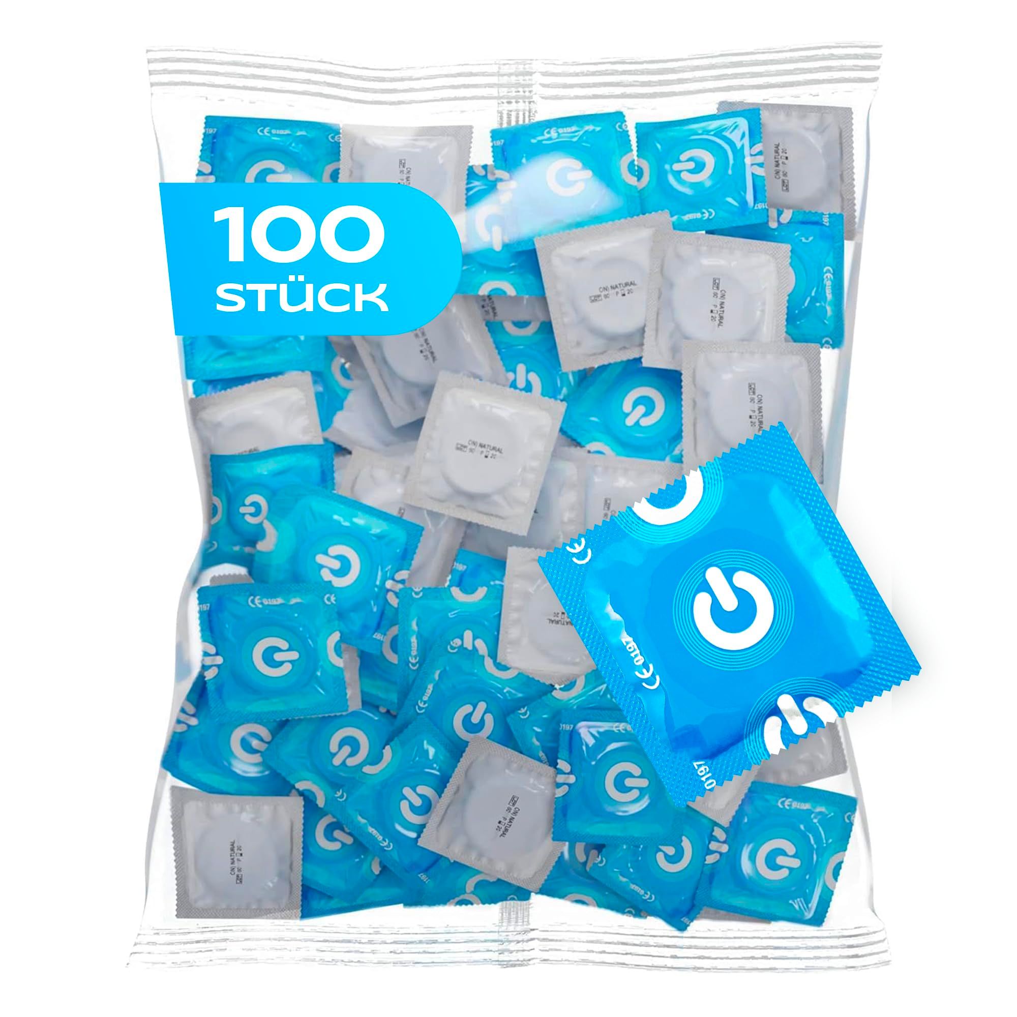 Grand paquet de 100 préservatifs emballés individuellement, bleus et blancs.