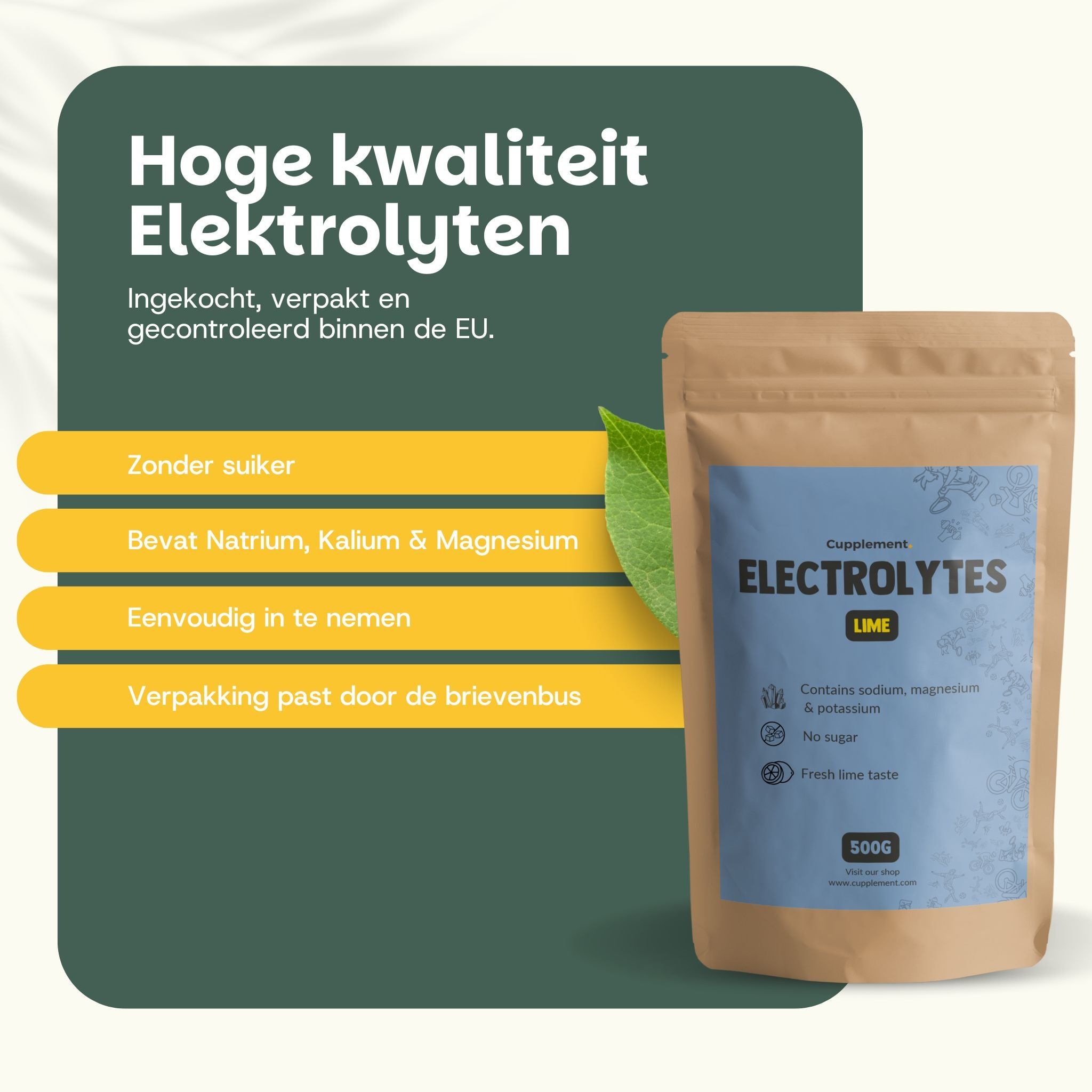 Zakje Cupplement Elektrolyten. Opschrift: Elektrolyten, Limoen, 500g. Klantbeoordeling 4.7/5. Drie klantrecensies.