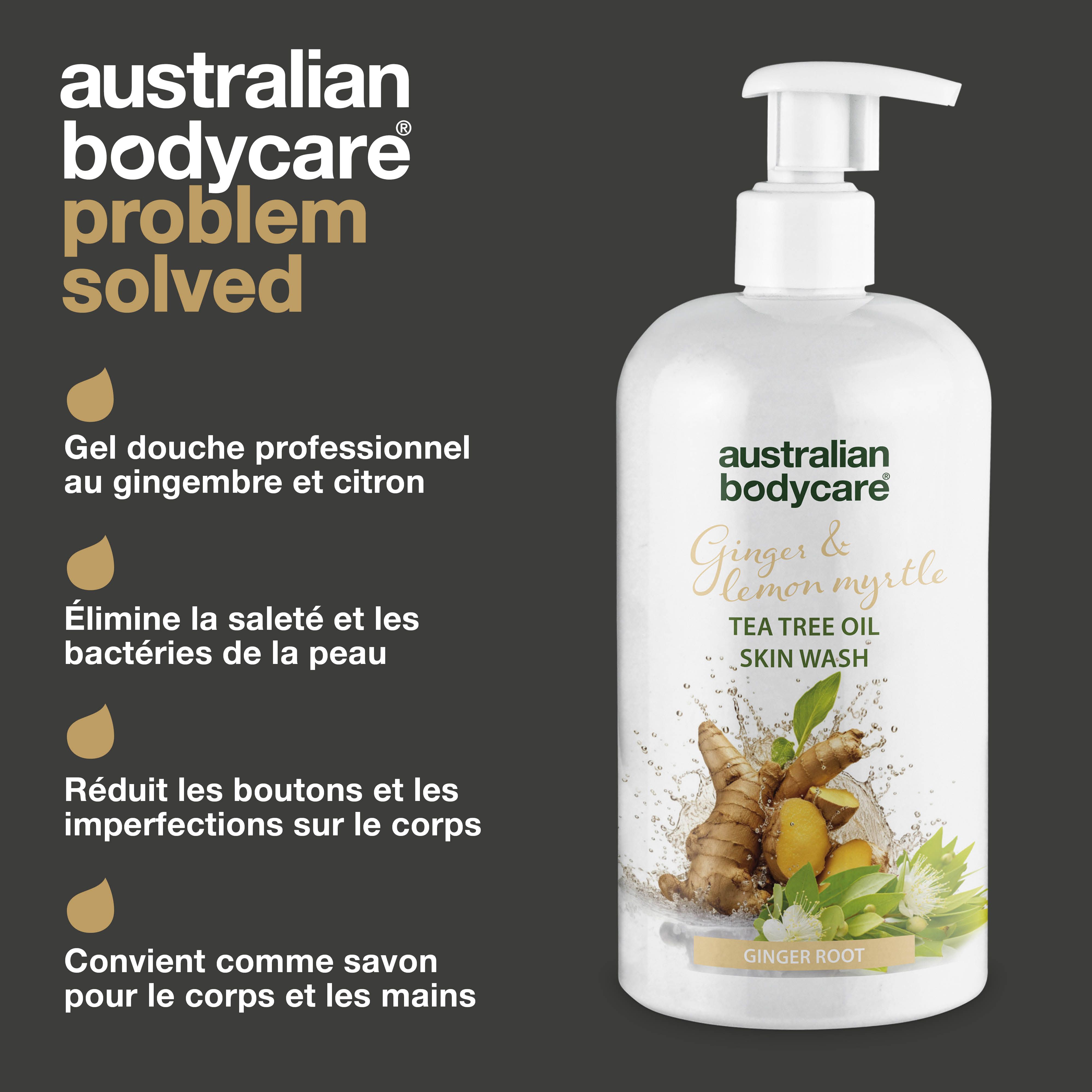 Flacon de produit. Texte : Problème résolu. Inscription : Australian Bodycare, Ginger & Lemon Myrtle, Tea Tree Oil Skin Wash.